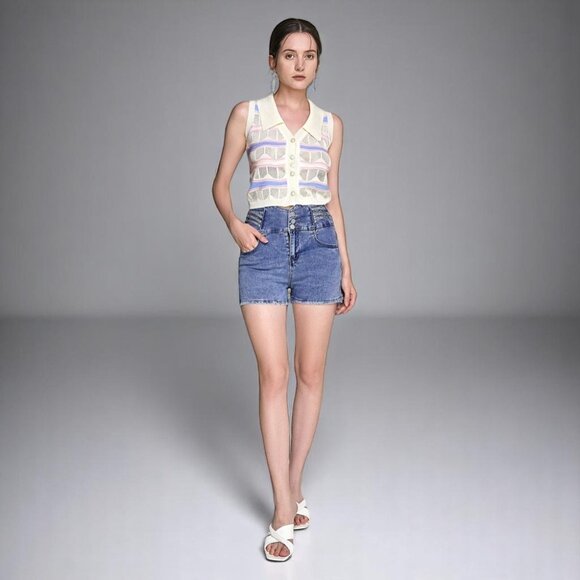 NWT J.ING Ivory Striped Button-Up Knitted Collar Vest One Size - Picture 6 of 7